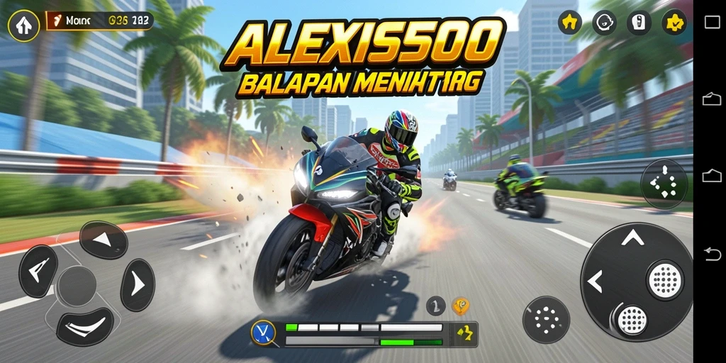 Screenshot gameplay ALEXIS500 yang menampilkan aksi balapan motor.