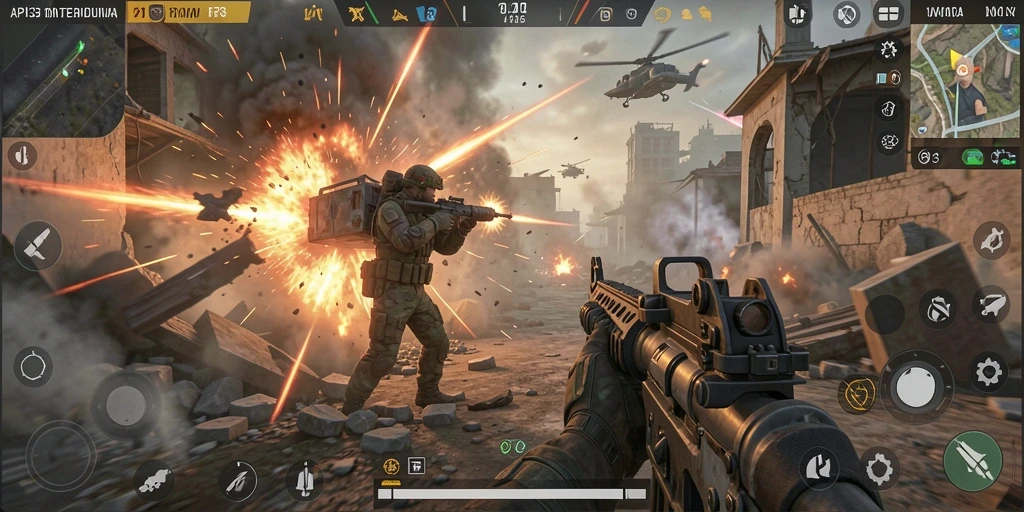 Tampilan gameplay mendebarkan dalam pertempuran FPS.