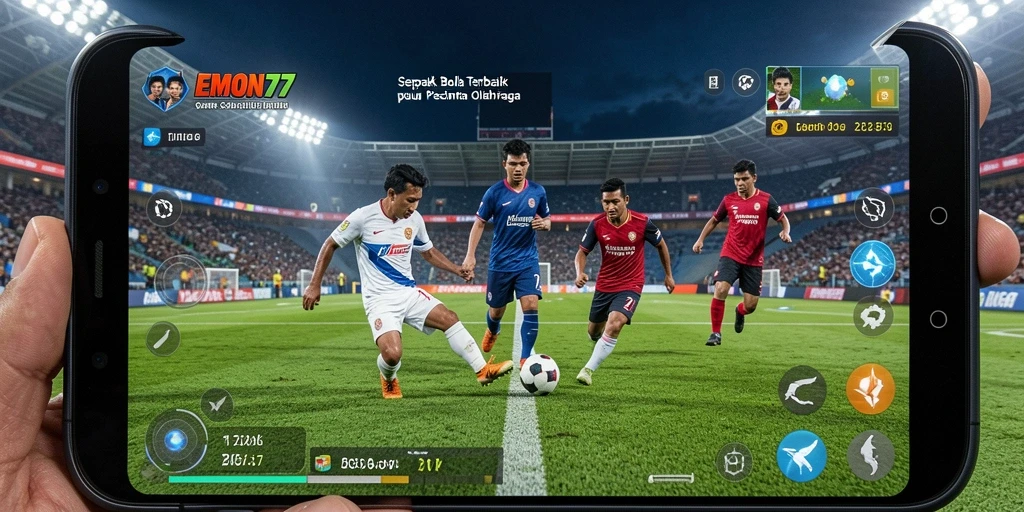 Tampilan gameplay EMON77 dengan aksi sepak bola intens.