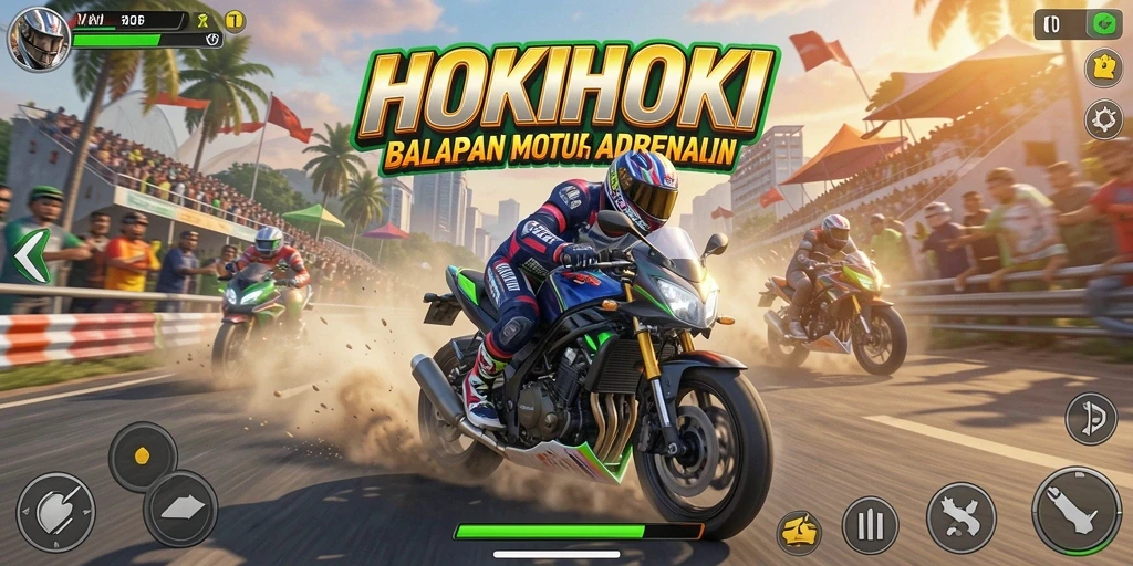Screenshot utama HOKIHOKI menampilkan aksi balapan motor yang mendebarkan.