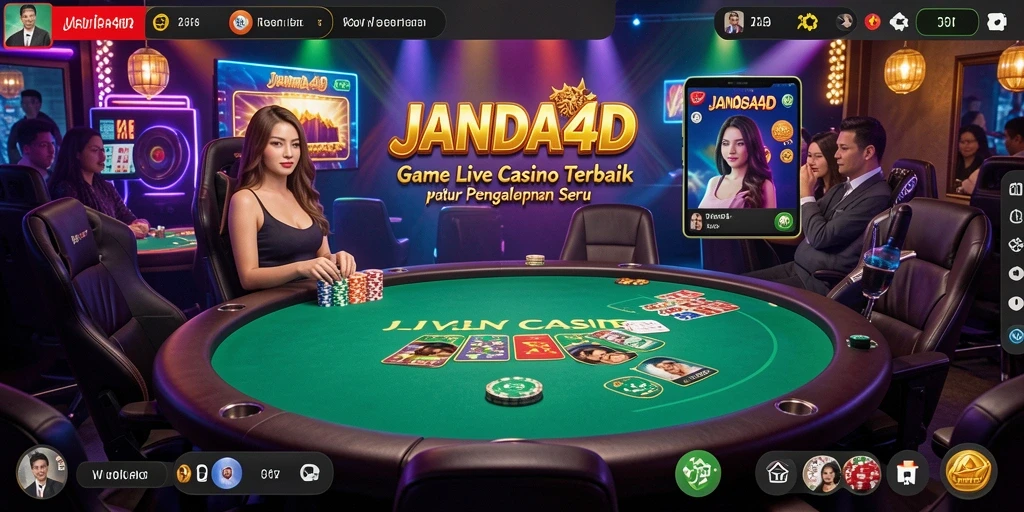 Screenshot gameplay JANDA4D menampilkan dealer profesional dan suasana kasino yang hidup.