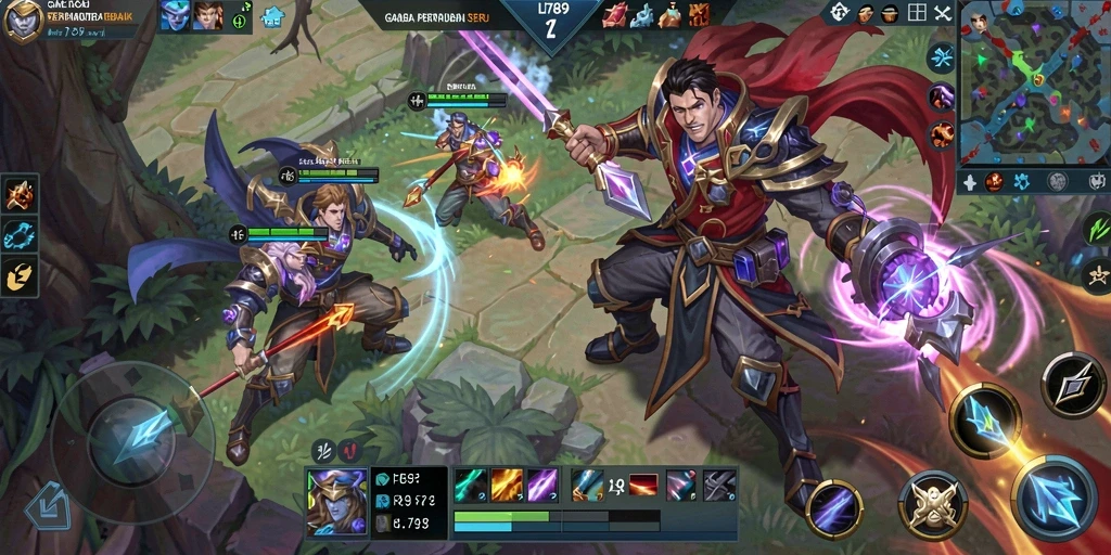 Screenshot gameplay LI789 yang menggambarkan aksi pertarungan di arena MOBA.