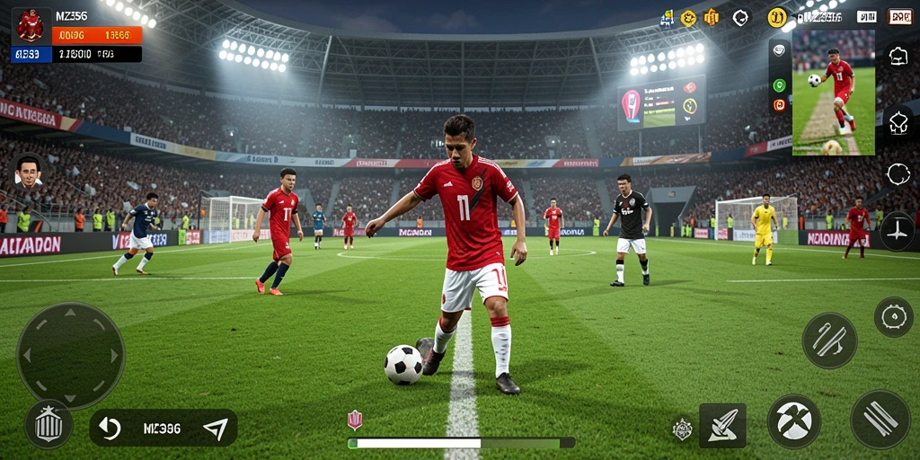 Tampilan gameplay MZ356 yang menampilkan aksi seru dalam permainan sepak bola.