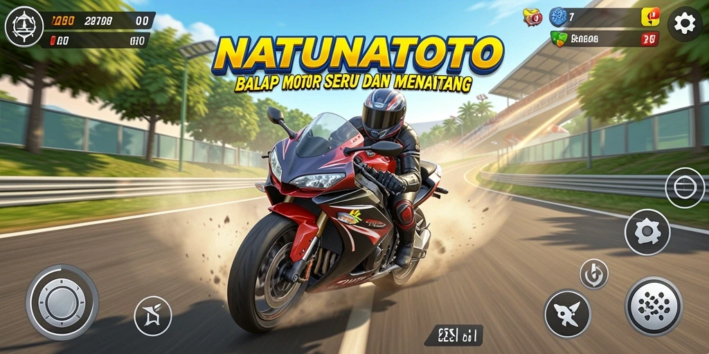 Tampilan utama gameplay NATUNATOTO dengan balapan motor yang menegangkan.