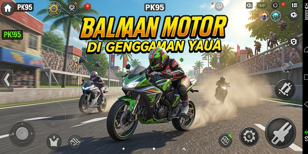 Screenshot gameplay PK95 yang menampilkan balapan motor yang mendebarkan.