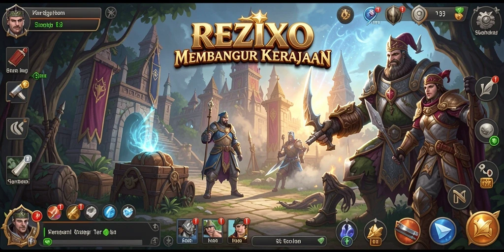 Tampilan gameplay <strong>REZIXO</strong> yang menampilkan aksi pertempuran dan pembangunan kerajaan.
