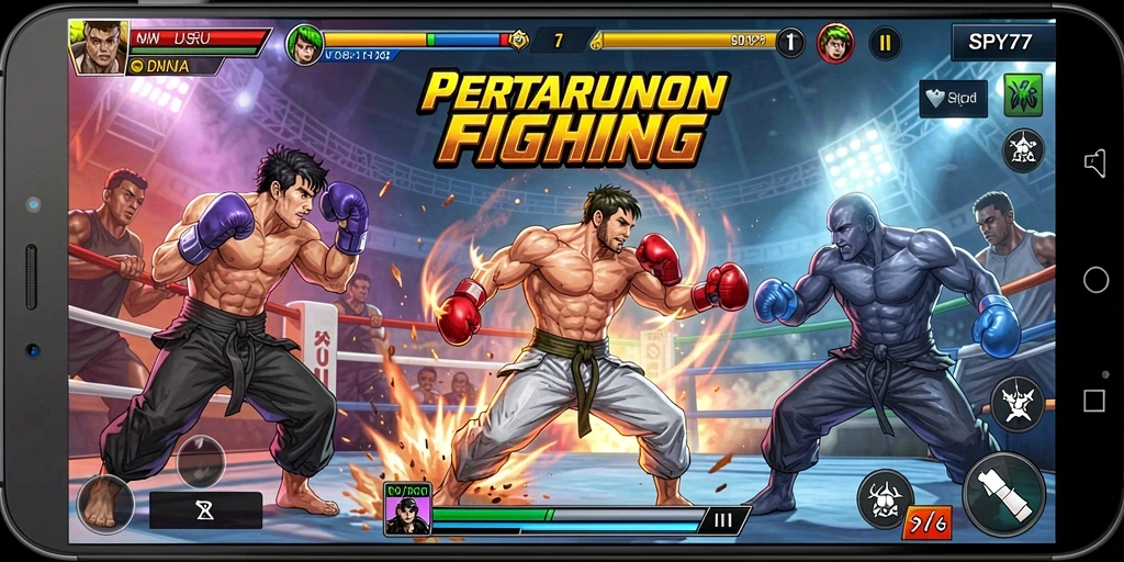 Screenshot SPY77 menunjukkan aksi pertarungan yang dinamis dan karakter yang menakjubkan.